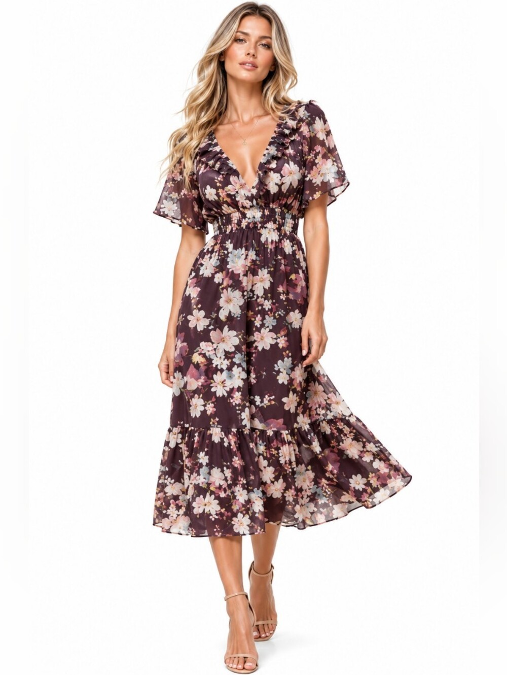 Love Stitch Floral Midi Dress Size S Boho Romantic Ruffle Sleeve